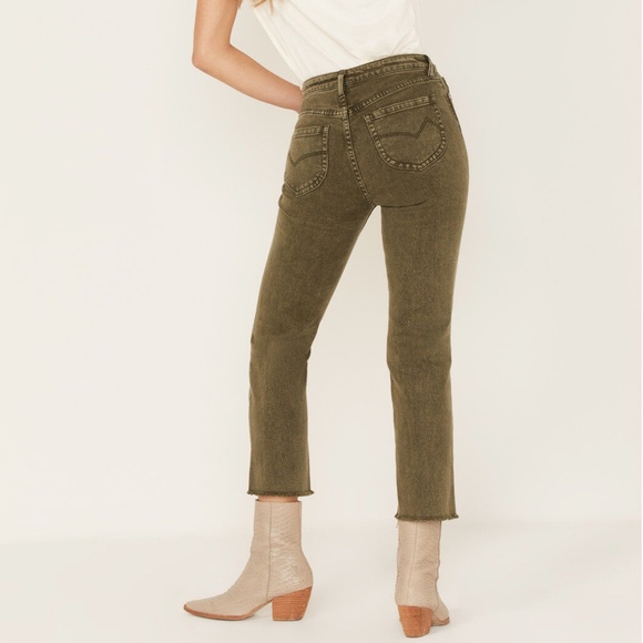 Cleo + Wolf High Rise Distressed Knee Slim Stretch Straight Jean (OLIVE) - Picture 2 of 5